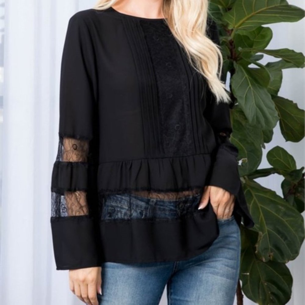 Black Long bell Sleeved Lace detailed Blouse - Picture 1 of 7